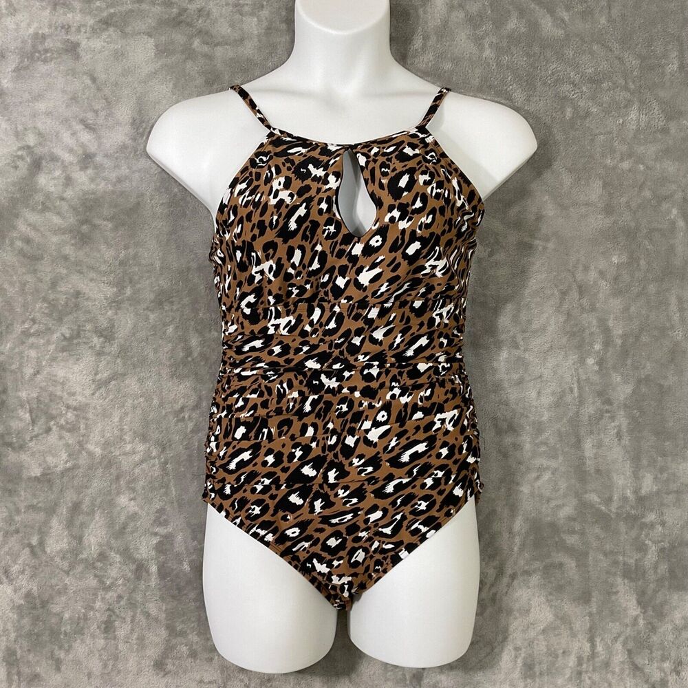 Ellen Tracy One Piece Swimsuit Leopard Print Size 14 Keyhole High Neck Halter